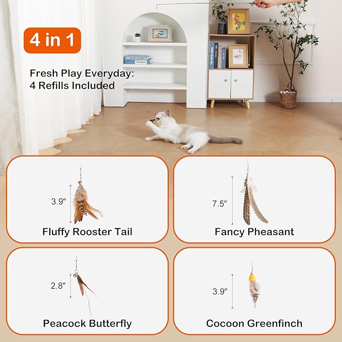 Cat Wand Toy – Retractable Wand with 4 Feather Toy Refills for Indoor Cat Enrichment, Interactive Toy for Bored Adult Cats and High-Energy Kittens (FlutterFlick Series)