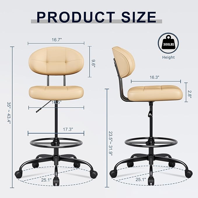 Misolant Drafting Chair Without Arms, Tall Office Chair with Footrest Ring for Standing Desk, Small Faux Leather Executive Office Chair with Adjustable Height for Bar Lab Counter Height Desk, Khaki