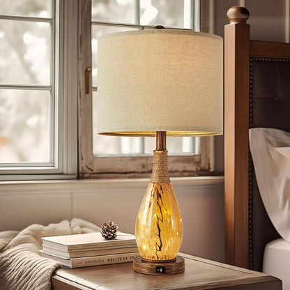 OYEARS 23" USB A+C Table Lamp for Bedroom Living Room Modern Bedside Lamps Retro Farmhouse Rattan Glass Nightstand Nightlight Lamps (Amber),Two Light Points
