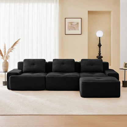 115" Modern Corduroy Cloud Sofa with Ottoman, L Shaped Boneless Modular Large Sectional Couches for Living Room, Black 3 Seater Compressed Memory Foam Couch, Extra Deep Seat, No Assembly