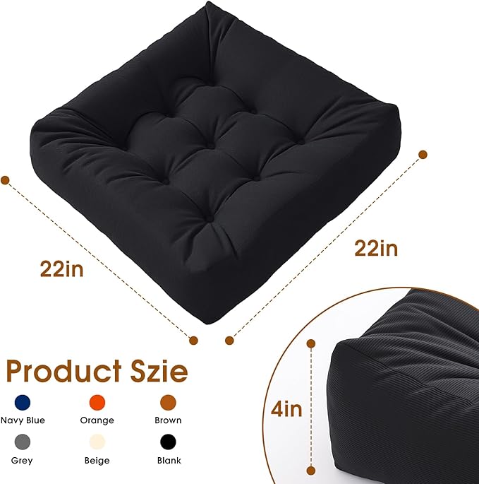 Tikuns Floor Pillows for Adults, 22 * 22 Inch Inch Meditation Cushions, Large Square Sitting Cushion Living Room Memory Foam Pillow for Sitting (1, Black, 22x22x4 Inch)