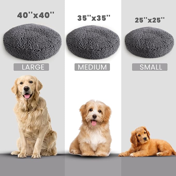 Muddy Mat® Cloud K-9 Bed for Dogs & Cats, Soft & Relaxing Round Dog Bed, Chenille Material, Removable Cover, Washable & Dryer Safe–Grey Large(40'x40')