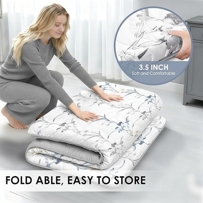 Japanese Floor Mattress, 3.5" Thicken Ink Wash Floral Pattern Portable Futon Mattress, 100% High-Density Foam Tatami Mat Sleeping Pad for Camping Guest Room Dormitory RV, White, Queen