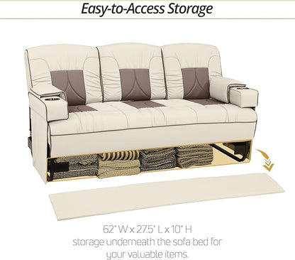 Qualitex De Leon Console SL RV Sofa Bed, 68" Wide, Ulitmate Leather, Bisque and Light Antelope