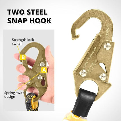 TRSMIMA Rope Harness Safety Lanyard：25ft Roofing Rope Fall Protection | Vertical Safety Harness Rope With Grab Snap Hooks Shock Absorber - Tree Climbing Line Kit Heavy Duty Safety Equipment ANSI CE