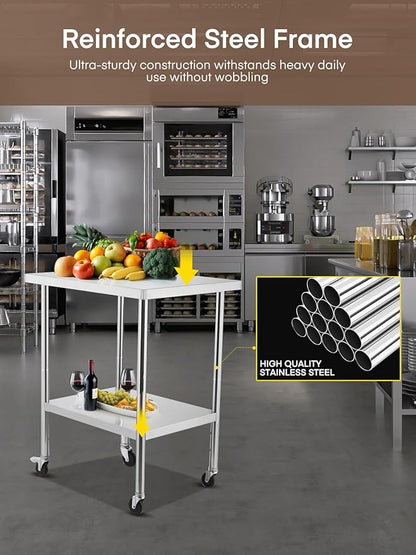 Stainless Steel Table for Prep & Work, with Caster Wheels, Two with Brakes, Metal Table for Commercial Restaurant, Warehouse and Hotel (24 x 30 Inches)