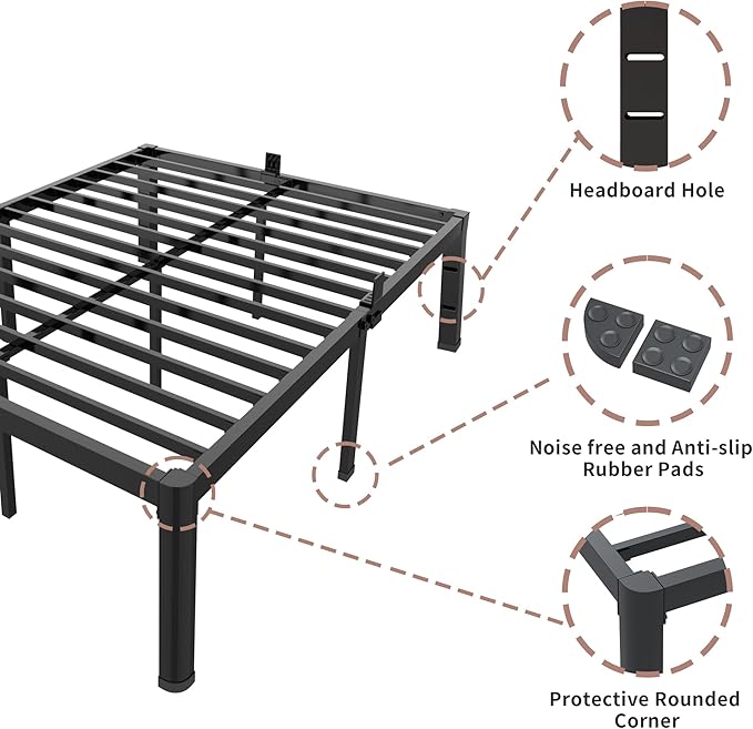 ROIL 18 Inch Queen Bed Frame with Rounded Corner and Headboard Hole Mattress Retainers 3500LBS Metal Heavy Duty Steel Slats No Box Spring Needed Platform Noise-Free Easy Assembly