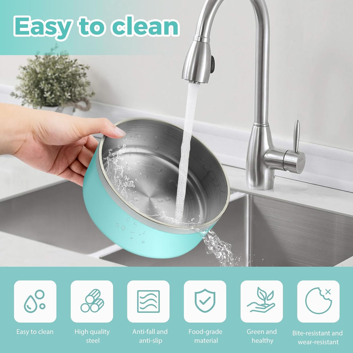 Stainless Steel Dog Bowl - Metal Water and Food Dish for Large Dogs, Insulated, Non-Slip, Easy Clean, 64oz, MintGreen