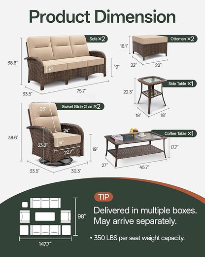 8-Piece Patio Furniture Set with 6-Inch Thick Cushions, High Back Outdoor Couch and Swivel Rocker Chairs, All-Weather Conversation Set for Porch, Deck, Yard, Pool in Beige