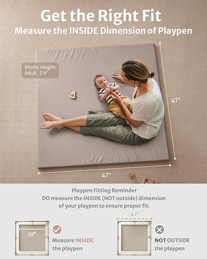 Blissful Diary Vegan Leather Baby Play Mat, 47x47 Thicken Foam Cushioned & Waterproof Playpen Mat for Infants and Toddlers, Stylish and Just Wipe-Clean Playmat for Baby Play on Floor, Taupe