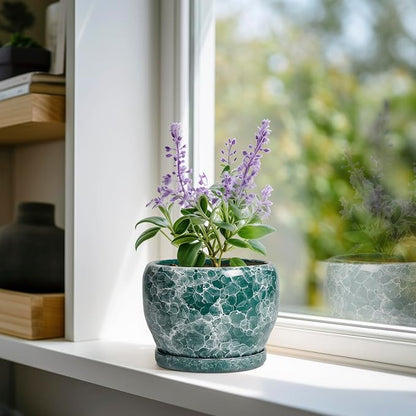 SQOWL Ceramic Pot for Plants - 6 Inch Ceramic Planter with Drainage Hole and Saucer, Round Flower Pot for Indoor Outdoor, Decorative Small Planter, Room Home Decor, Plant Lover Gifts, Green