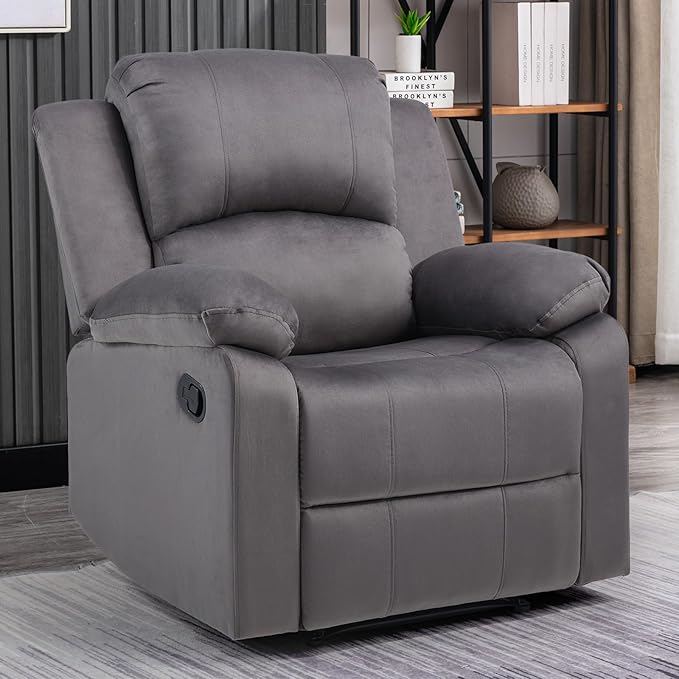 CANMOV Manual Recliner Chair, Soft Fabric Overstuffed Recliner Single Sofa Chair for Living Room Bedroom, Heavy Duty and Safety Reclining Mechanism, Dark Grey