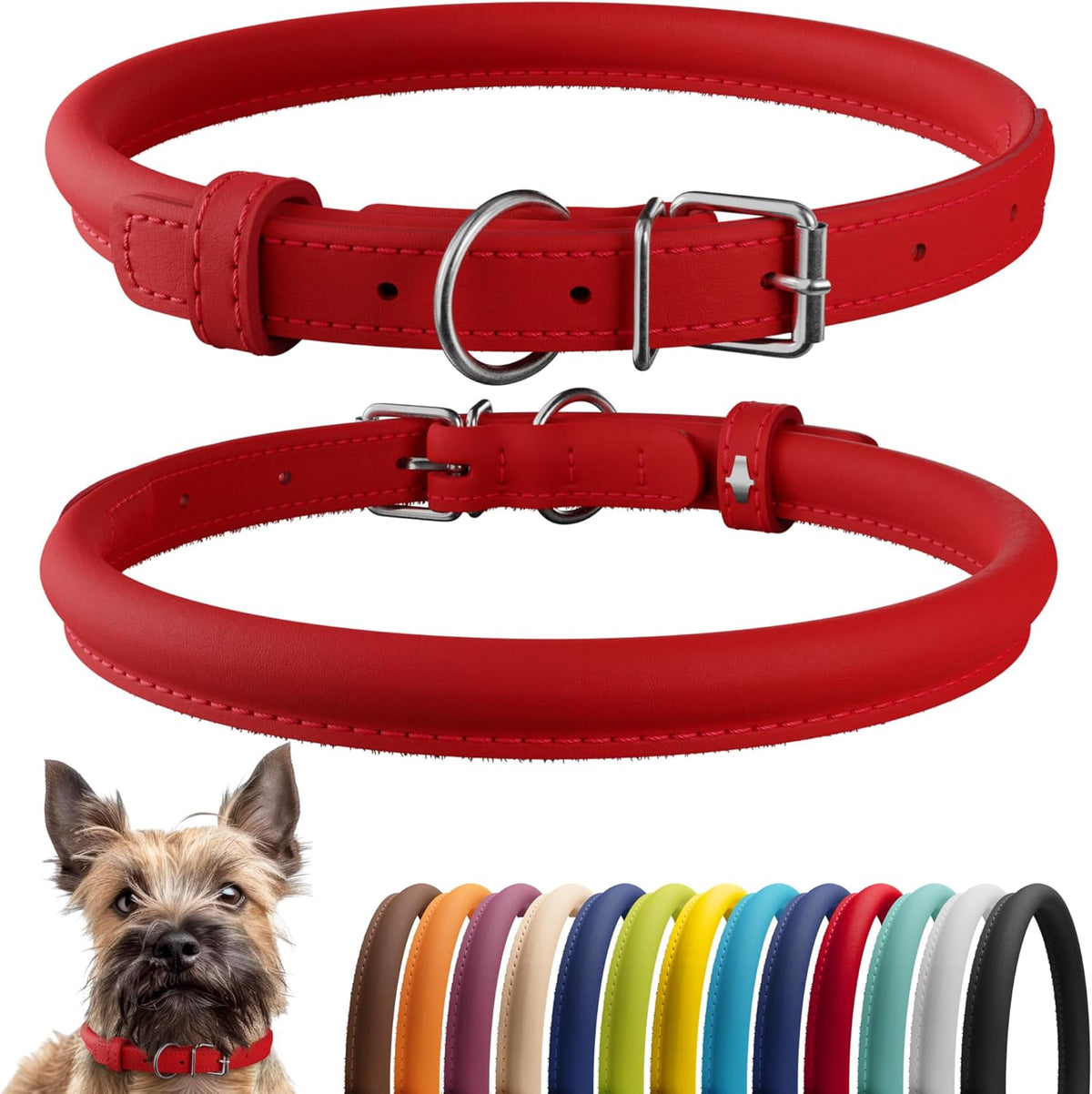 CollarDirect Rolled Leather Dog Collar, Soft Padded Round Puppy Collar, Handmade Genuine Leather Collar Dog Small Large Cat Collars 13 Colors (6-7 Inch, Red Smooth)