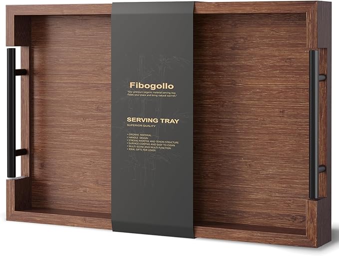 Bamboo Serving Tray with Metal Handles,15x10in Ottoman Decorative Trays Platter for Coffee Table,Living Room,Bar,Party,Medium(Brown)
