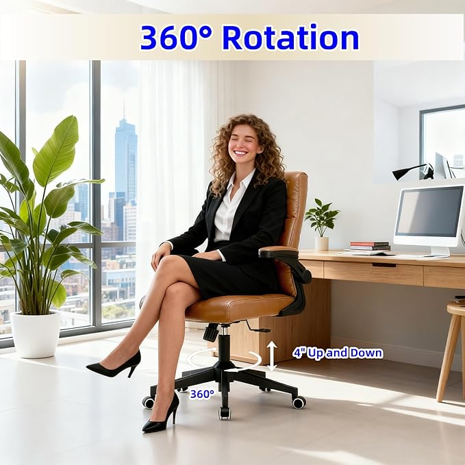 Ergonomic Home Office Desk Chair with Space Saving Flip-Up Arms, 360° Swivel & Reclining Back, Executive Chair in Soft Faux Leather Chair Multi-Angle from 90° to 135° with 450LBS Capacity(Brown)