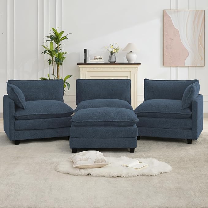 ROWHY Oversized Modular Sectional Couch with Movable Ottoman, 112" Modern Convertible L Shaped Sofa Set, 4 Seat Comfy Cloud Couch with 2 Throw Pillows, for Living Room, Chenille, Royal Blue