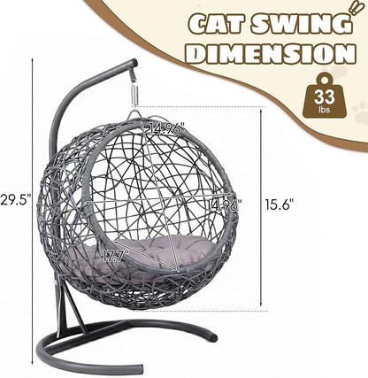 Hanging Cat Swing Bed with Stand & Cushion | Rattan Wicker Egg Chair for Cats, Small Dogs & Pets, Indoor Swinging Bed, Cozy Resting Spot, Modern Design