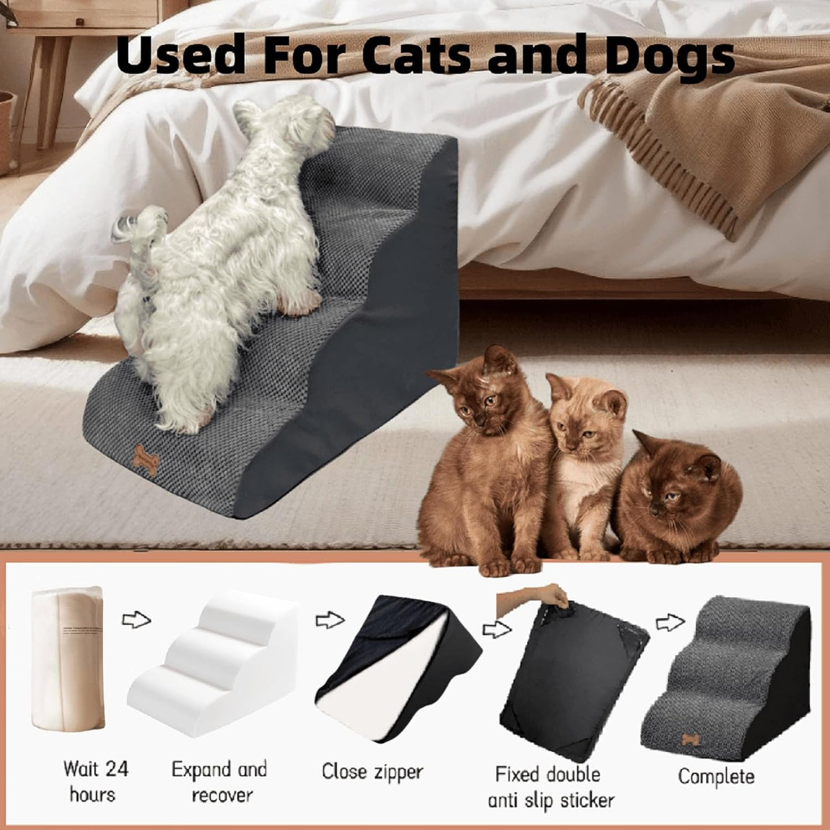 4-Step Dog Stairs for High Beds 18-24 Inch Pet Steps 2 3 4 5 Tier Ladder Non-Slip Sturdy Ramp Small Medium Large Dog Steps to Couch Bed Old Dogs Balanced Pet Stairs for Getting on Bed