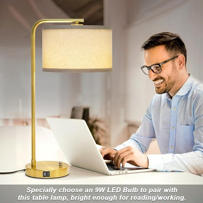 Fully Dimmable Bedside Lamp with C+A USB Ports, Mordern Gold Nightstand Lamp Desk Reading Lamp with Beige Drum Shade, Tall Side Table Lamp for Living Room Bedroom Office, 9W LED Bulb Included
