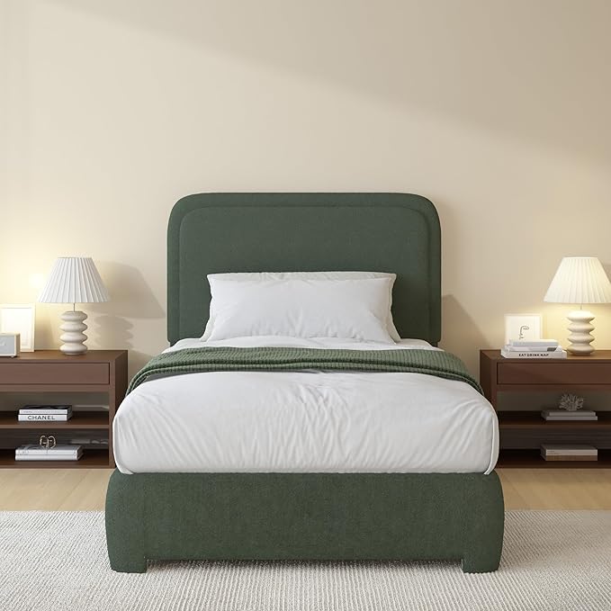 BarnFurin Twin Size Bed Frame, Boucle Upholstered Platform Bed Frame with Headboard, Modern Style, Soft Rounded Corners, No Box Spring Required, Easy Assembly, Green