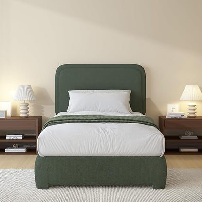 BarnFurin Twin Size Bed Frame, Boucle Upholstered Platform Bed Frame with Headboard, Modern Style, Soft Rounded Corners, No Box Spring Required, Easy Assembly, Green