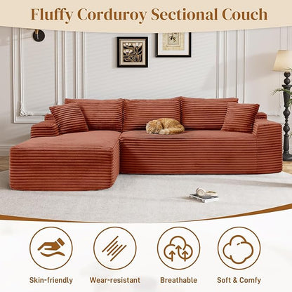 95" Boneless Cloud Sectional Couches for Living Room, Comfy Fluffy L Shaped Memory Foam Deep Seat Boneless Couch, Modular Sectional Sofa with Left Facing Chaise, Orange