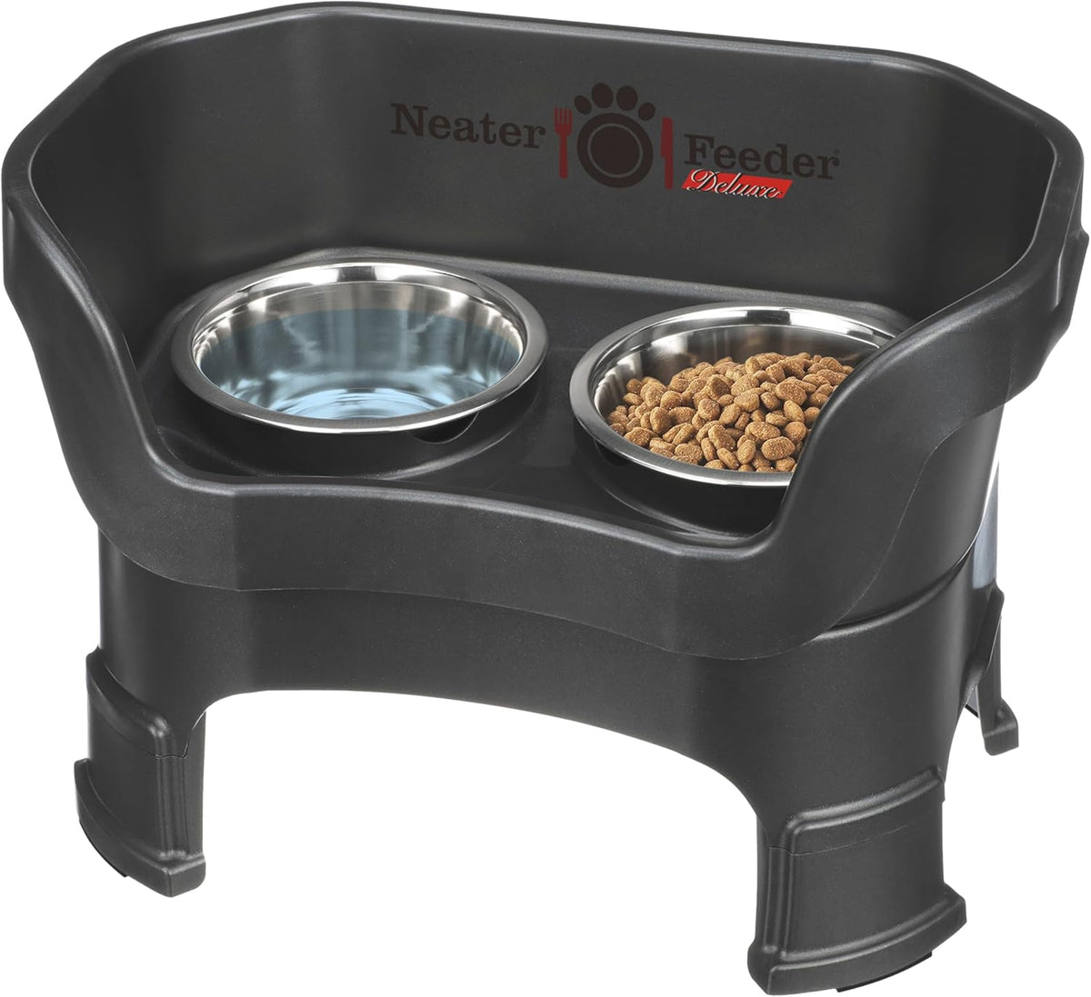 Neater Feeder Deluxe Mess Proof Dog Bowls Elevated Medium Sized Dogs (19-40 lbs) Made in USA, No Spill Raised Dog Food Bowl Stand w/Leg Extension, Stainless Steel Food and Water Bowl Set, Black