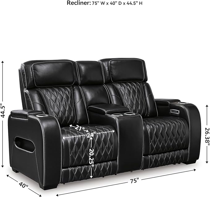 Signature Design by Ashley Boyington Modern Leather Match Power Reclining Loveseat with Console, Adjustable Headrest, Massage, Heated Seat and LED Lights, Black