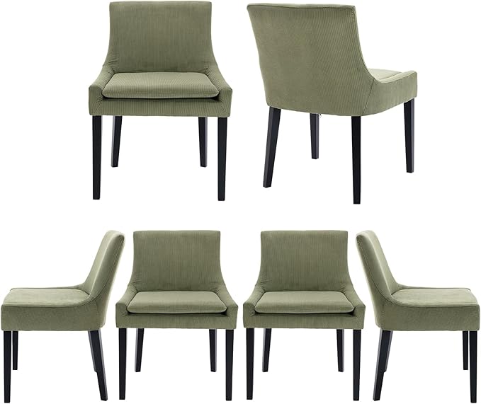COLAMY Modern Dining Chairs Set of 6, Upholstered Corduroy Accent Side Chairs with Mid Back and Wood Legs for Living Room/Dining Room- Light Green