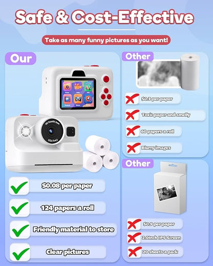 Instant Print Camera for Kids,2.4 Inch Screen Kids Instant Cameras, Christmas Birthday Gifts for Girls Age 3-12, Portable Toddler Toy for 3 4 5 6 7 8 9 10 Year Old Girls Boys White