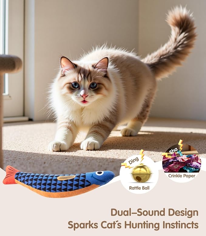 Interactive Cat Toys with[5000mg Premium A+Catnip][Baby Grade] Soft Chew Kicker Cat Toys for Indoor Cats & Kittens, Crinkle &Rattle Fish Sound Toy, Drives Bored Cats Crazy with Fun,3 Pack