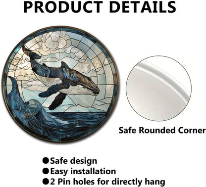 Lygond Metal Sign Tin Sign Circular Stained Glass Whale Sign for Garden for Restaurant 12×12 Inches