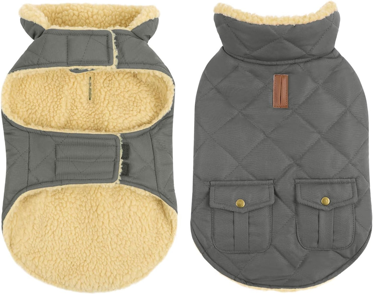 Queenmore Dog Winter Coat - Fleece Jacket, Waterproof Cold Weather Dog Clothes, Thick Warm Cotton Padding, Easy On Storage Pockets (Grey, Small)