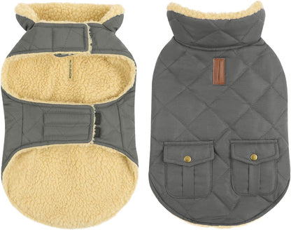 Queenmore Dog Winter Coat - Fleece Jacket, Waterproof Cold Weather Dog Clothes, Thick Warm Cotton Padding, Easy On Storage Pockets (Grey, Small)