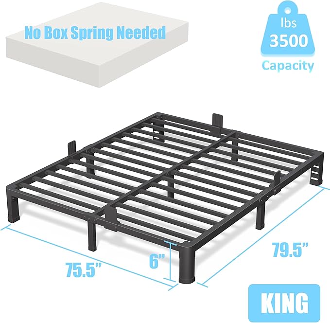 FUIOBYVV 6 Inch King Bed Frame with Rounded Corner and Headboard Hole Mattress Retainers 3500 LBS Metal Heavy Duty Steel Slats Support No Box Spring Needed Platform Noise Free Easy Assembly