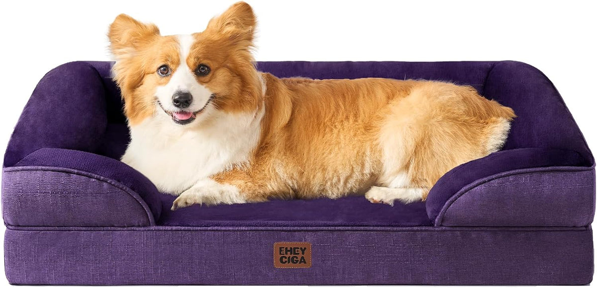 EHEYCIGA Orthopedic Dog Beds for Large Dogs, Waterproof Memory Foam Large Pet Bed with Sides, Non-Slip Bottom and Egg-Crate Foam Dog Couch Bed with Washable Removable Cover, Purple