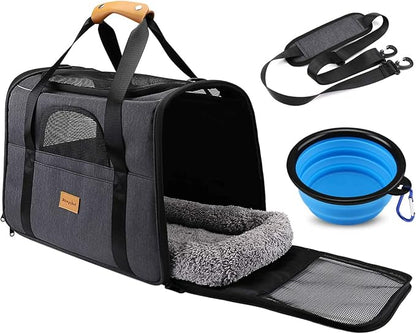 Morpilot Pet Carrier Bag, Portable Cat Carrier Bag Top Opening, Removable Mat and Breathable Mesh, Foldable Cat Carrier Transport Bag for Dogs and Cats, with Shoulder Strap and Pet Bowl, Gray