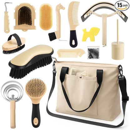 Abbylike 15 Pieces Horse Grooming Kit with Organizer Tote Bag Tack Room Supplies Horse Brush Sets Care Equine Cleaning Kit Shedding Grooming Massaging Tools (Beige)