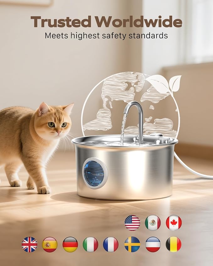 Pet Water Fountain Stainless Steel: Mental Cat Water Fountains with 8 Filters + 8 Sponges - 88oz/2.6L Noiseless Cats Waterer Bowl Dispenser - ATMZIQXR Kitten Drinking Fountains for Cats Indoor