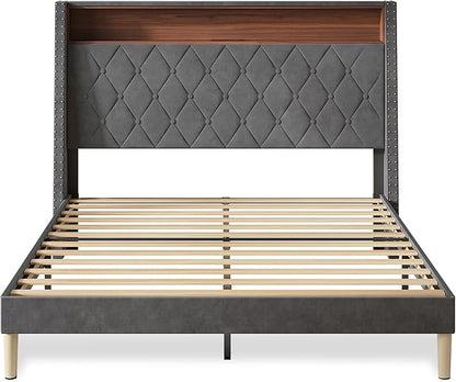 WLIVE Queen Size Upholstered Bed Frame with Storage Headboard, Velvet Square Tufted Platform Bed with Charging Station, Sturdy Metal & Wooden Slats Support, No Box Spring Needed, Grey