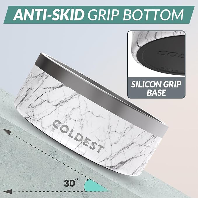 Coldest Dog Bowl - Anti Rust Metal, Non Slip, 3 Layers Insulated Stainless Steel Dog Bowls - Spill Proof & Heavy Duty - Water Bowl for Dogs, Cats & Pets, Dish Washer Safe (100 oz, Carrara Marble)