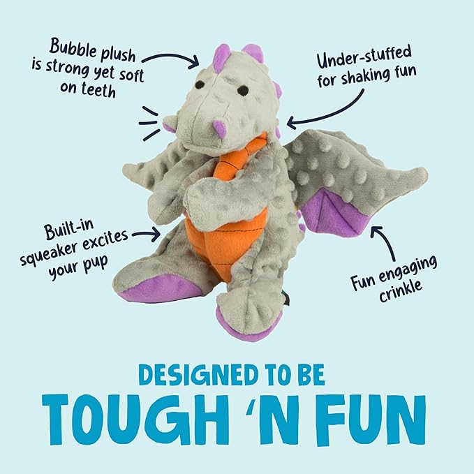 goDog Dragons Squeaky Plush Dog Toy with Chew Guard Technology, Durable Fabric & Squeaker for Active Play, Gray, Large