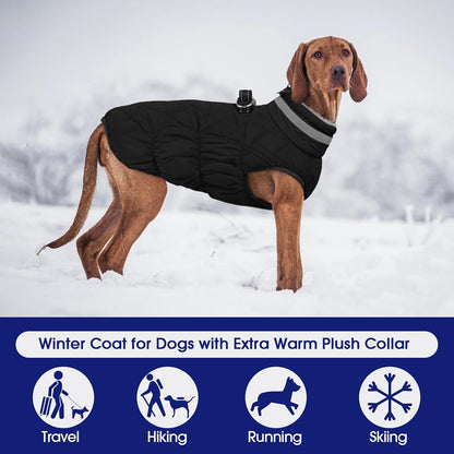 FUAMEY Dog Coat for Large Dogs,Waterproof Dog Winter Jacket with Harness Built in Puppy Cold Weather Coats Reflective Pet Vest with Zipper Warm Fleece Dogs Snowsuit Windproof Solid Black L