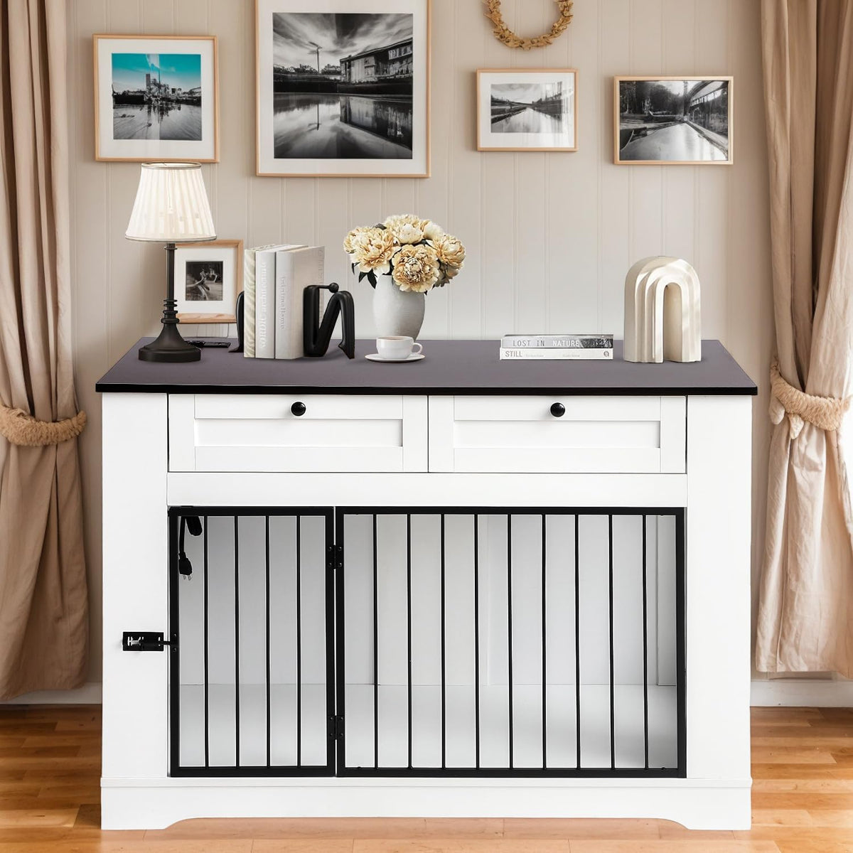 Large Dog Crate Furniture-Decorative Heavy Duty Dog Cage Indoor, Wooden Dog Cage End Table with Charging Station, Dog House with 2 Drawers (White, 47.2''L)