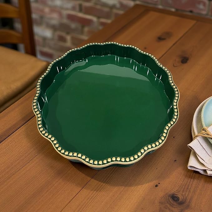 Green Decorative Tray for Coffee Table, Wavy Scallop Beaded Plastic Serving Tray forKitchen Counter, Ottoman, Living Room, (13")