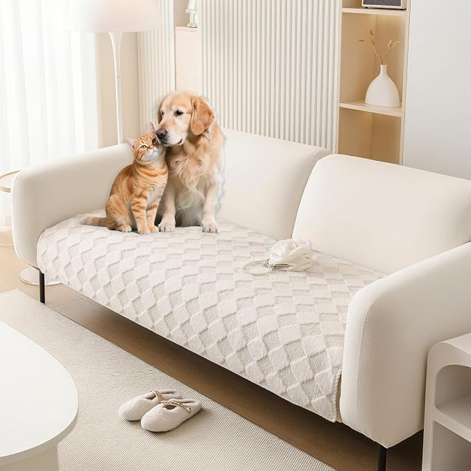 HANDONTIME Non-Slip Pet Couch Cover Washable, Plush Faux Fur Couch Protector for Cushion Pet-Friendly Sofa Covers for Dogs, Checkered Diamond Sectional Covers Dog Mat for Sofa (Ivory, 35.6" x 70.9")