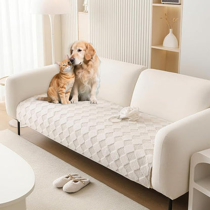 HANDONTIME Non-Slip Pet Couch Cover Washable, Plush Faux Fur Couch Protector for Cushion Pet-Friendly Sofa Covers for Dogs, Checkered Diamond Sectional Covers Dog Mat for Sofa (Ivory, 35.6" x 70.9")