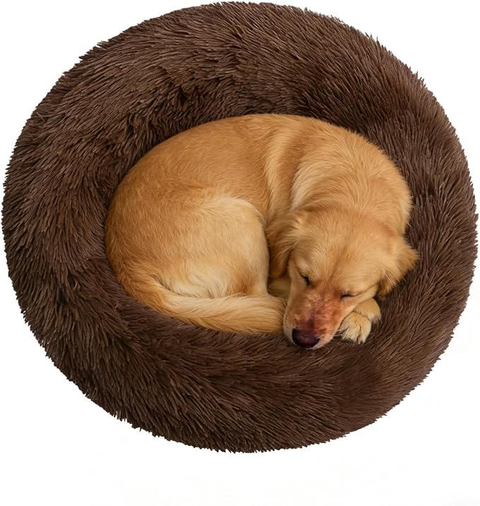 Calming Donut Dog Beds Large Sized Dog - Washable Removable Cover Non-Slip, Round Pet Bed Warming Fluffy Plush Faux Fur Anti-Anxiety Thick Cushion, Fits up to 80 lbs (Coffee, 36")