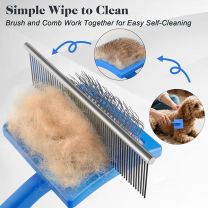 2PCS Slicker Brush for Dogs & Pet Comb,Professional Dog Grooming Brush (Goldendoodles,Poodles,Labradoodles) with Extra Long Pins to Effectively Remove Tangles, Knots and Mats (Blue)