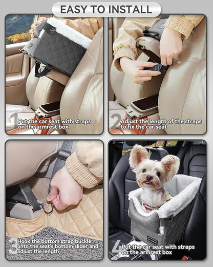 PETSFIT Center Console Dog Car Seat with Adjustable Seat-Rail Anchor Hooks | Anti-Collapse Armrest Booster Car Seat with Safety Tether, Washable Cushion, Soft Pillow for Pets Under 8 lbs, Grey